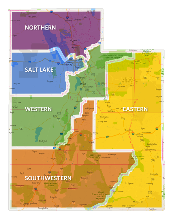 Map of Utah with Utah Foster Care administrative regions highlighted.